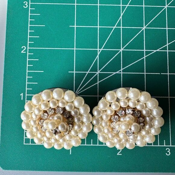 Vintage Imitation Pearl Clip-On Earrings Accented with Rhinestones - Picture 5 of 5